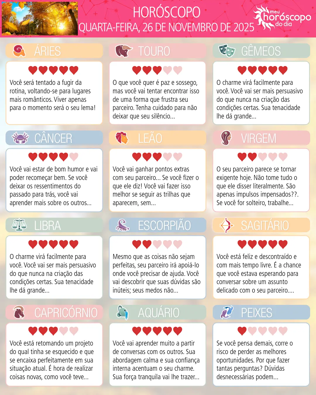 Horóscopo de Quarta-feira, 26 De Novembro De 2025
