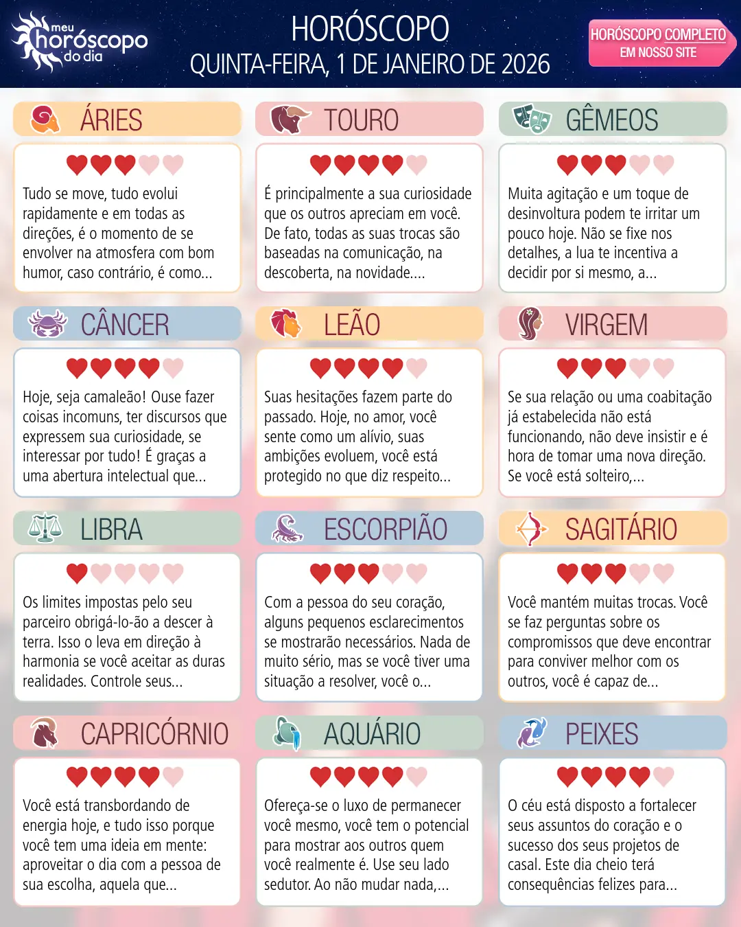 Horóscopo de Quinta-feira, 1 De Janeiro De 2026