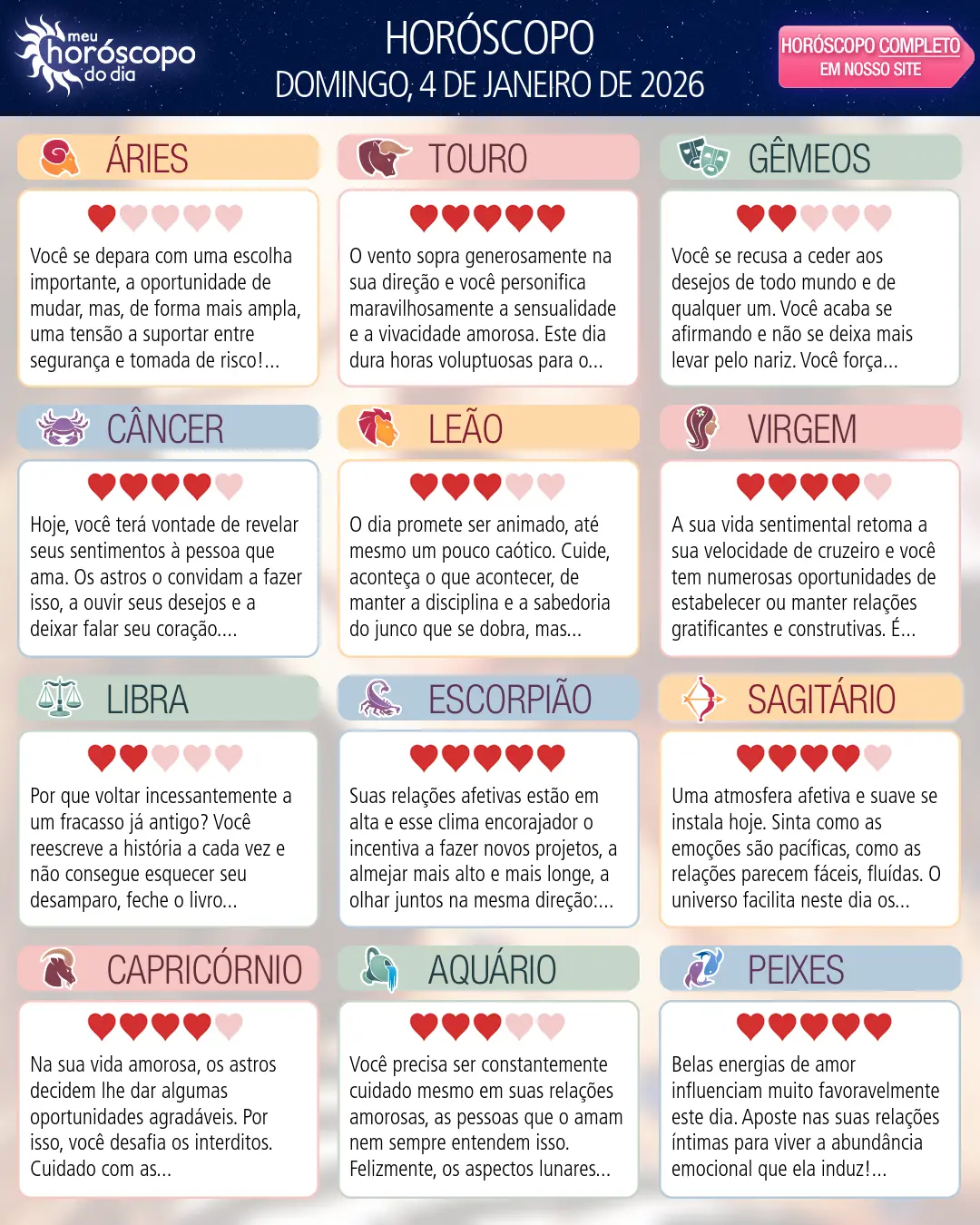 Horóscopo de Domingo, 4 De Janeiro De 2026