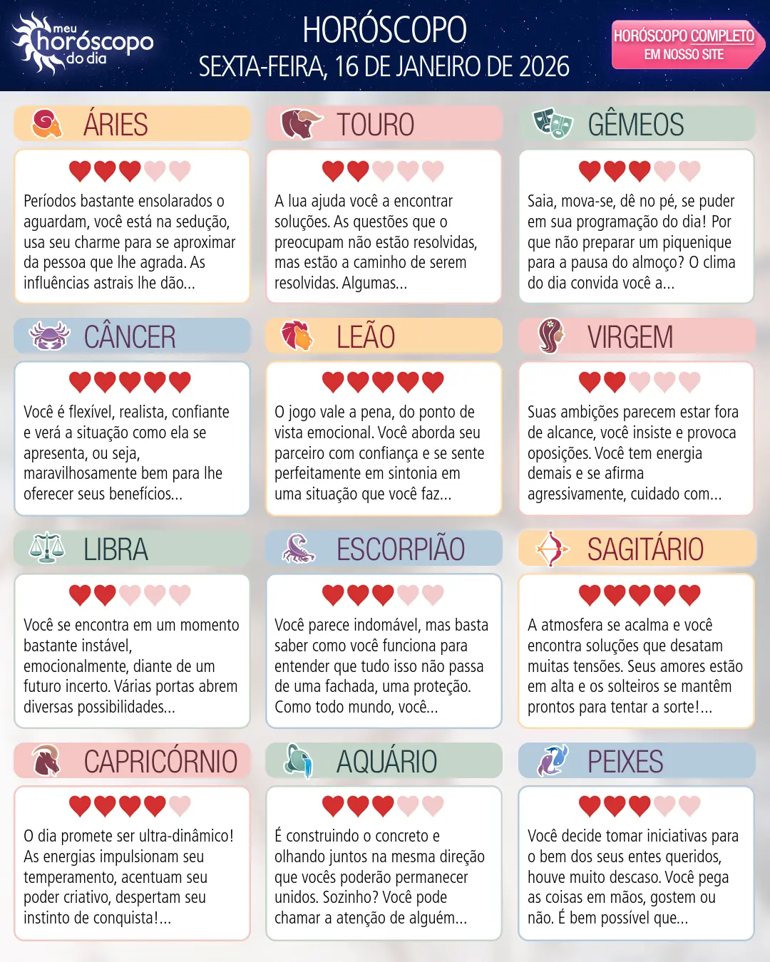 Horóscopo de Sexta-feira, 16 De Janeiro De 2026
