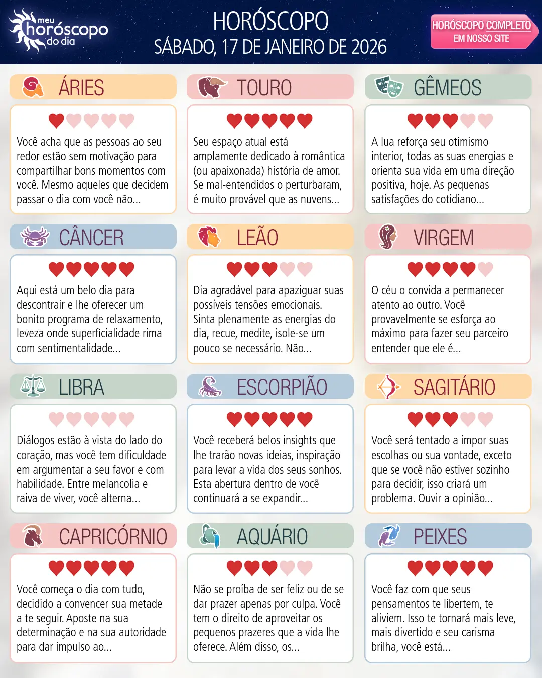 Horóscopo de Sábado, 17 De Janeiro De 2026