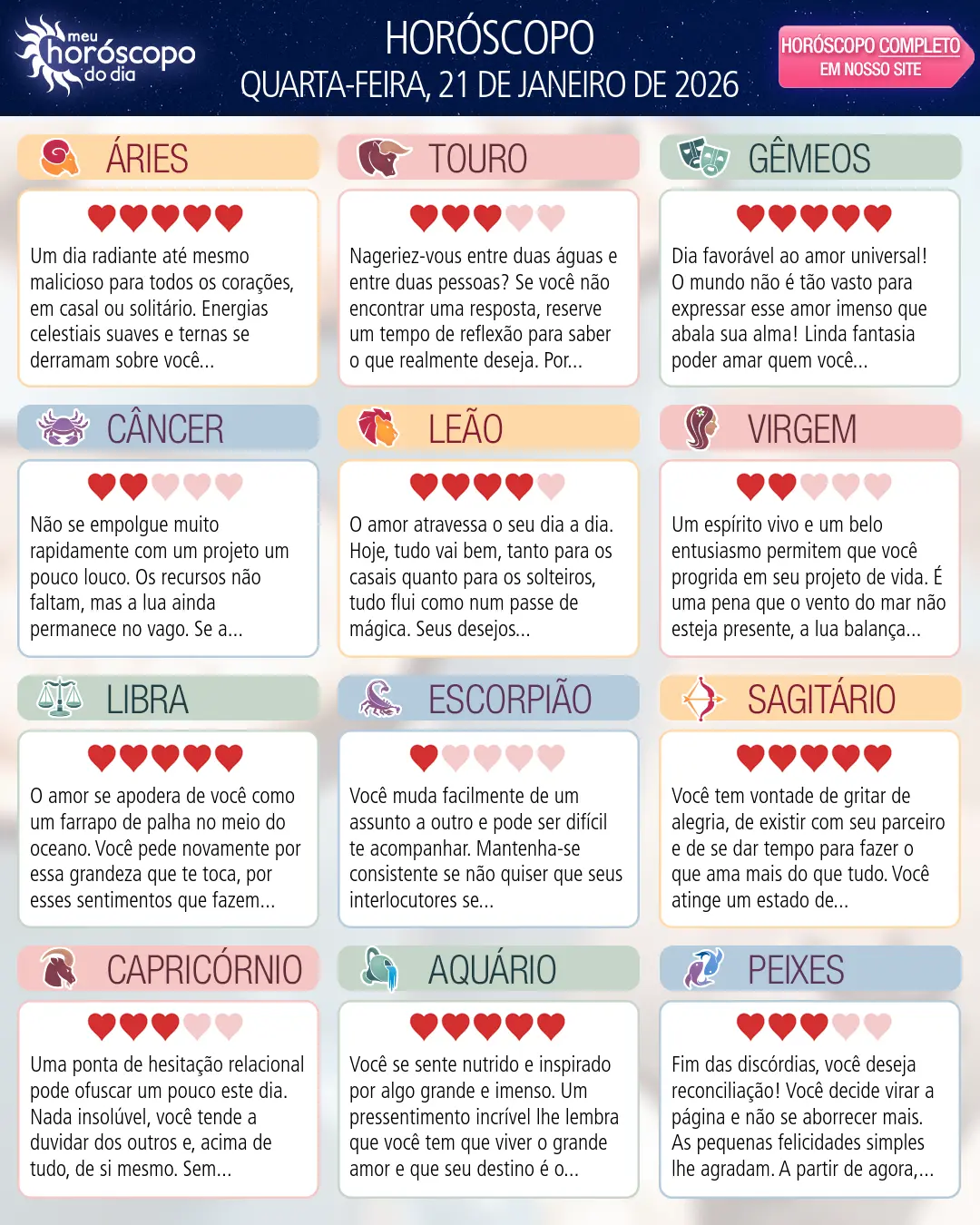 Horóscopo de Quarta-feira, 21 De Janeiro De 2026