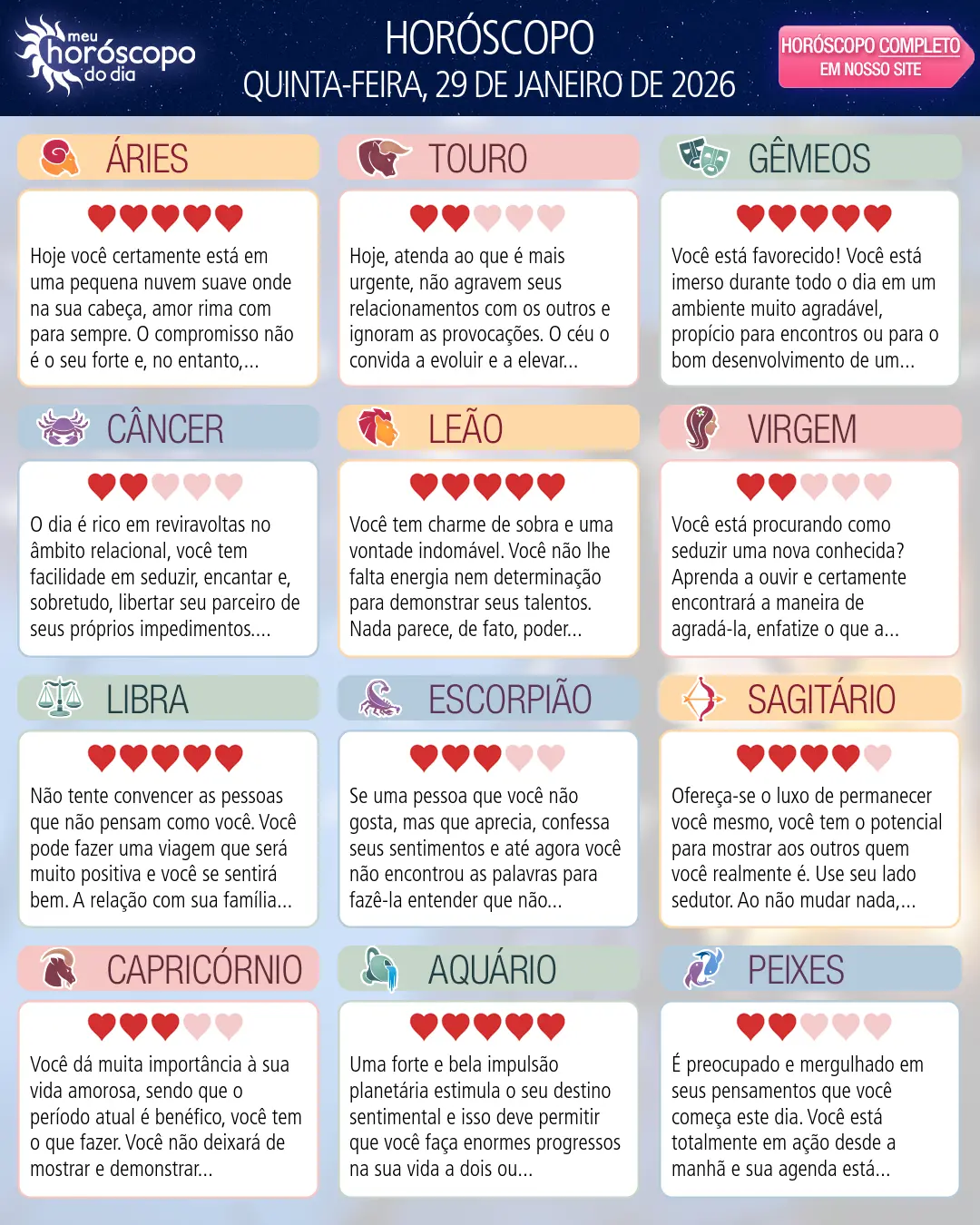 Horóscopo de Quinta-feira, 29 De Janeiro De 2026