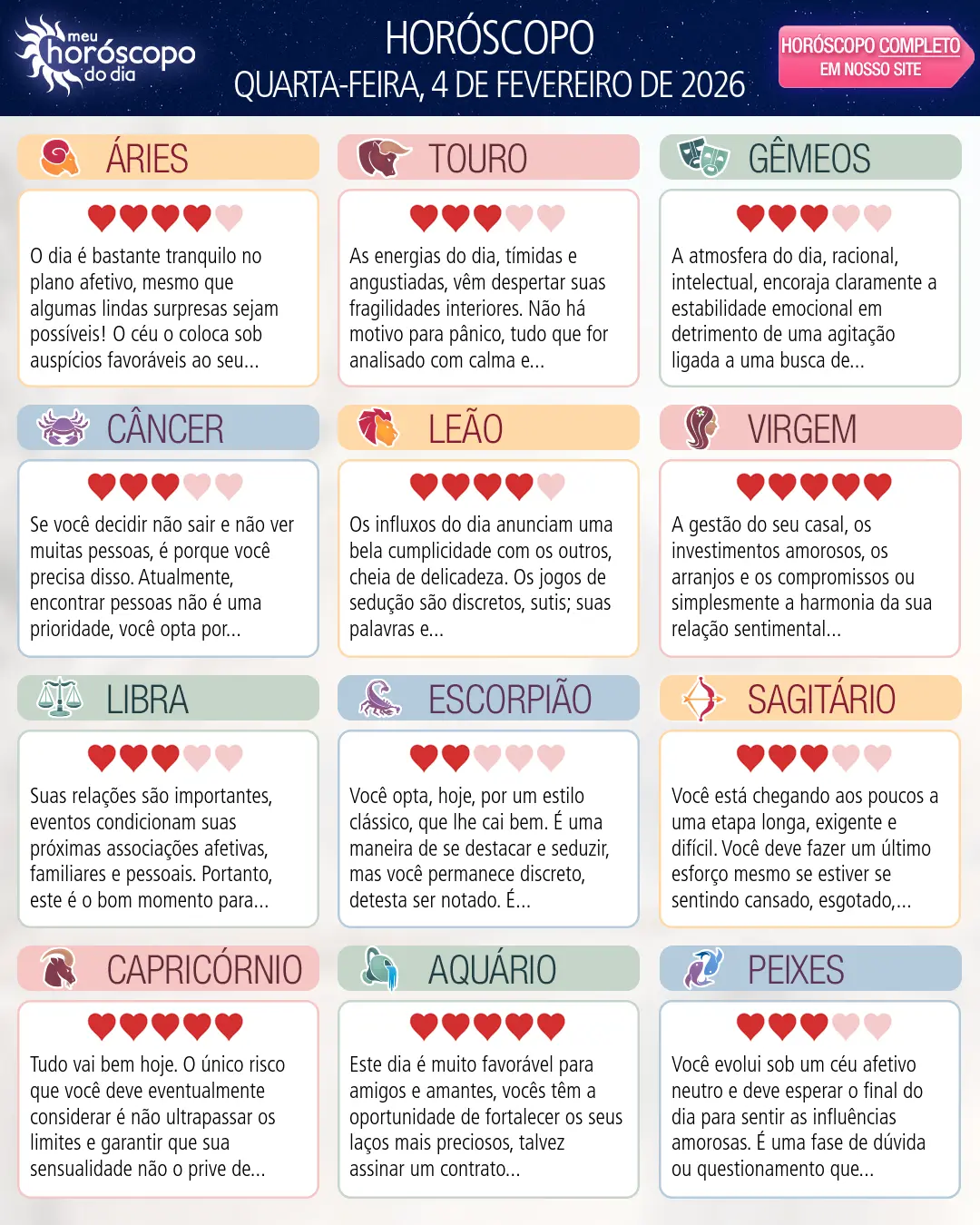 Horóscopo de Quarta-feira, 4 De Fevereiro De 2026