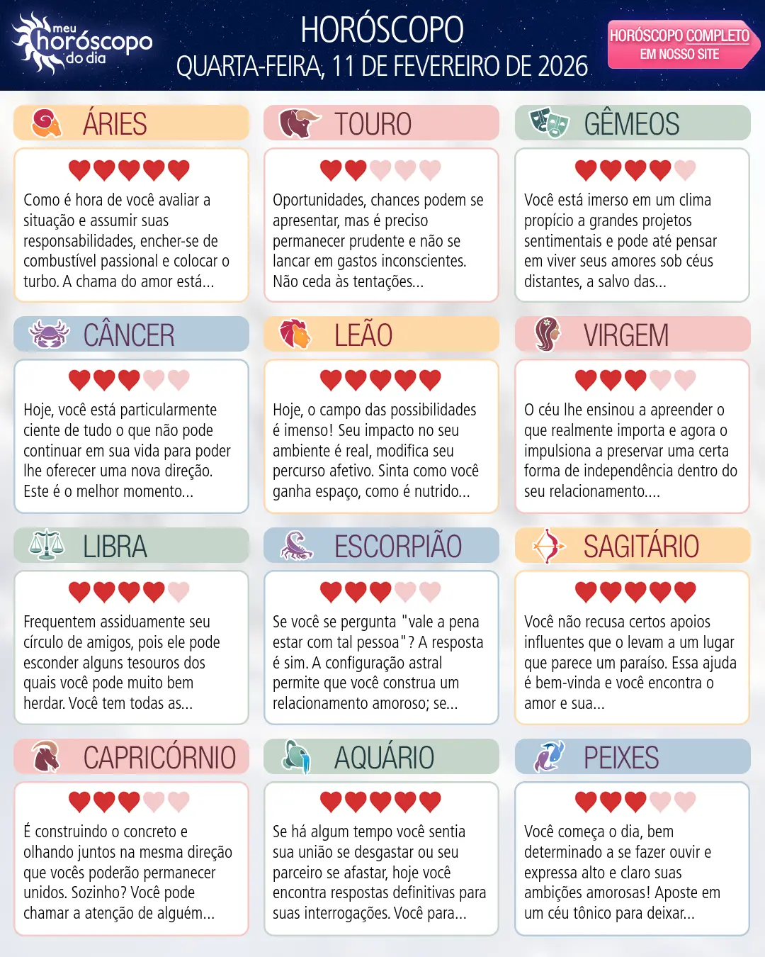 Horóscopo de Quarta-feira, 11 De Fevereiro De 2026