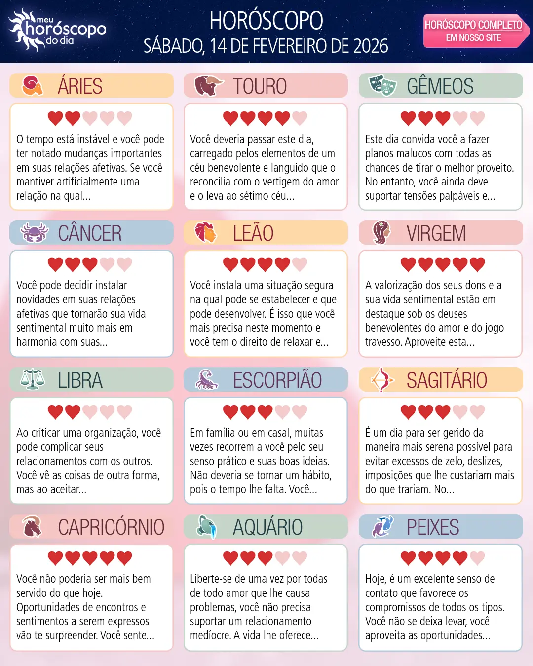 Horóscopo de Sábado, 14 De Fevereiro De 2026