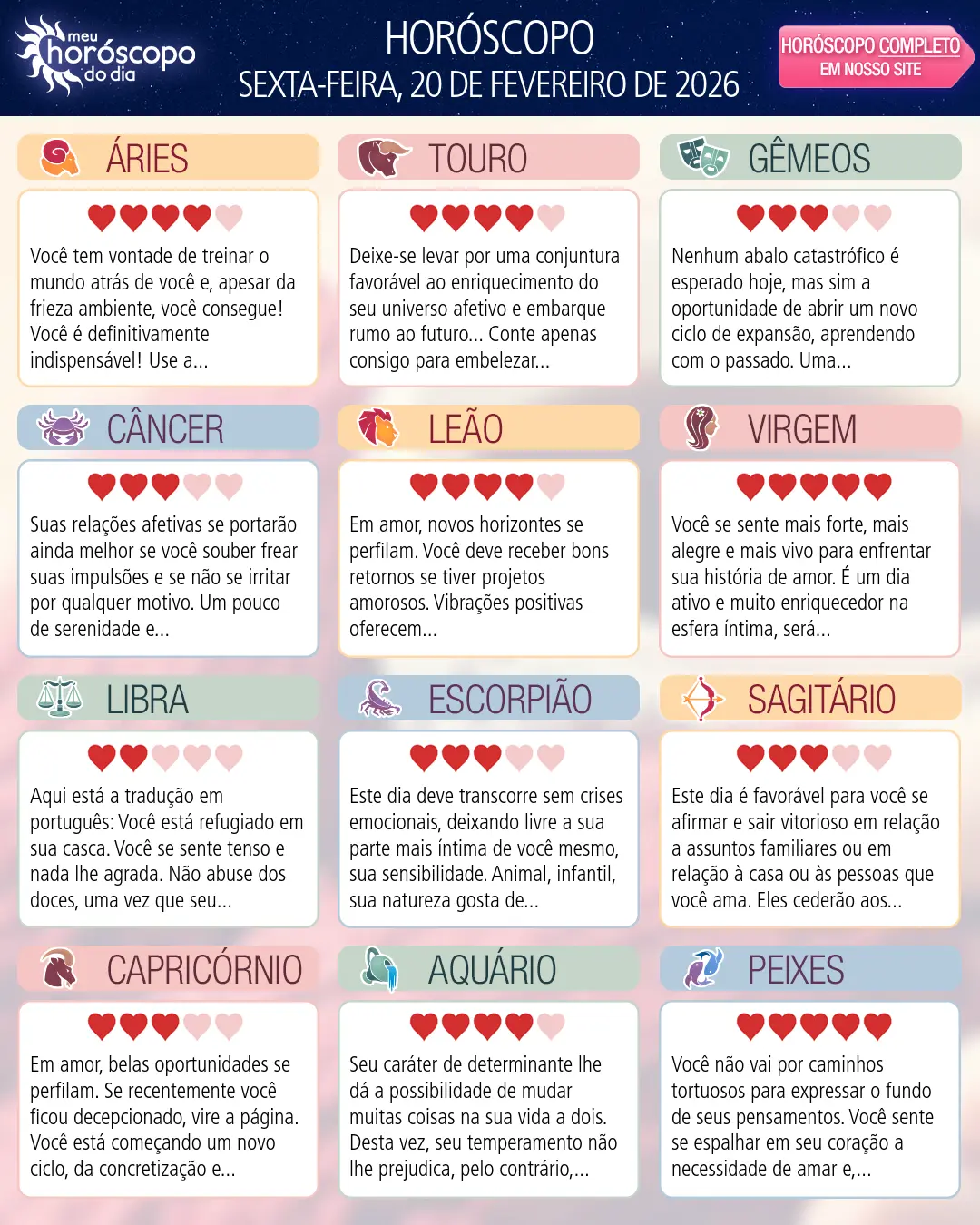 Horóscopo de Sexta-feira, 20 De Fevereiro De 2026