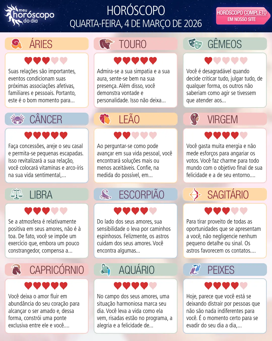 Horóscopo de Quarta-feira, 4 De Marco De 2026