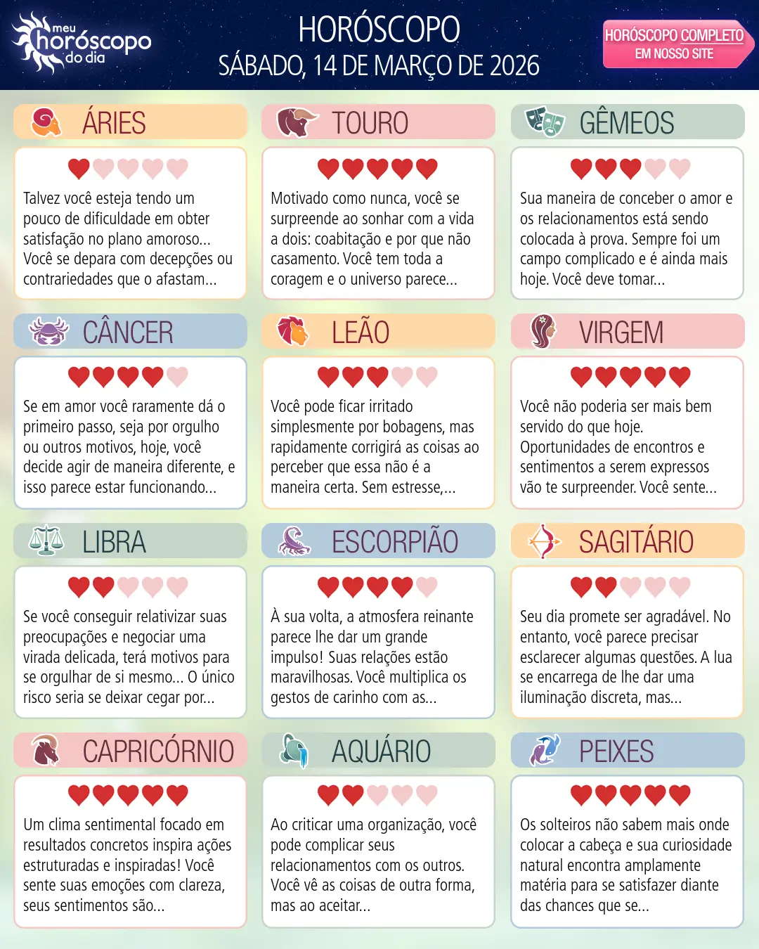 Horóscopo de Sábado, 14 De Marco De 2026