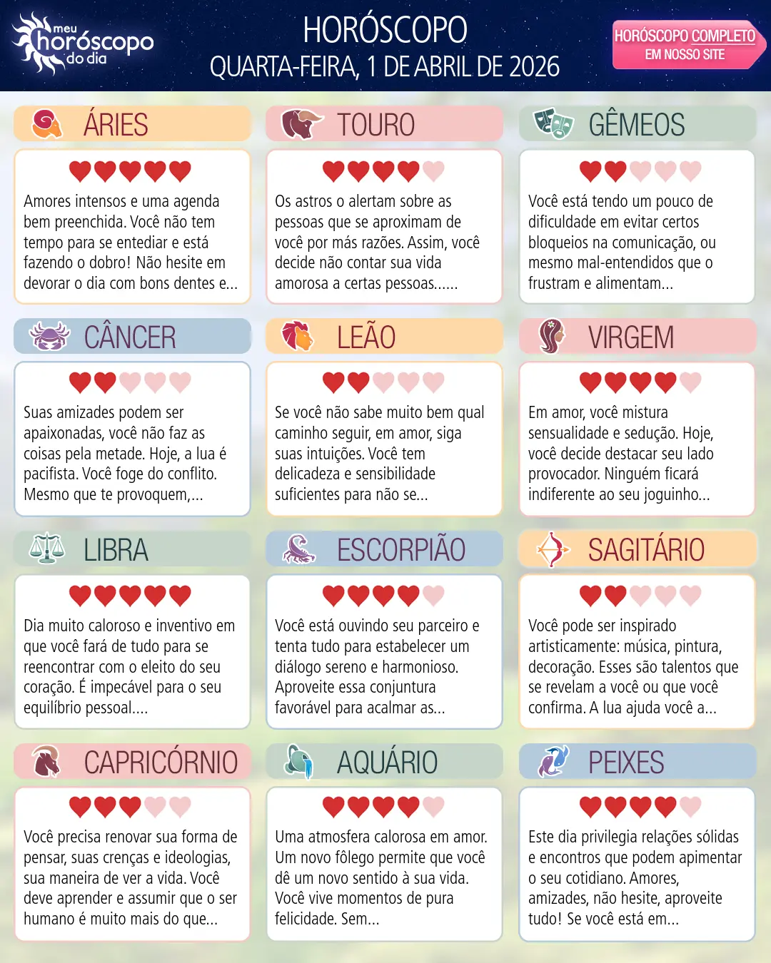 Horóscopo de Quarta-feira, 1 De Abril De 2026