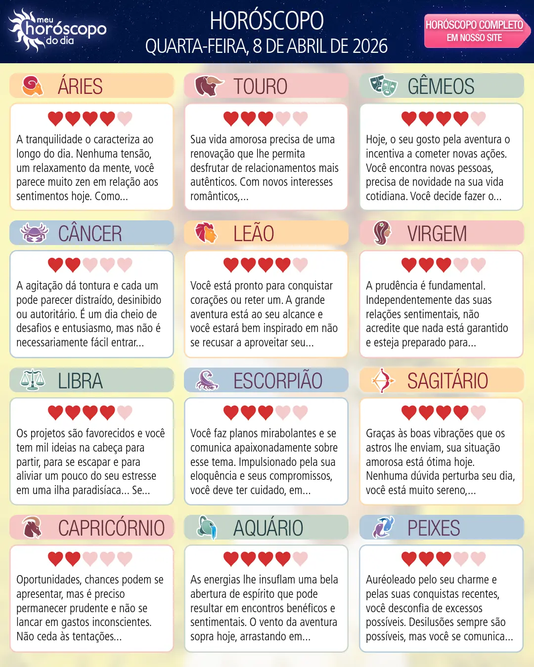 Horóscopo de Quarta-feira, 8 De Abril De 2026