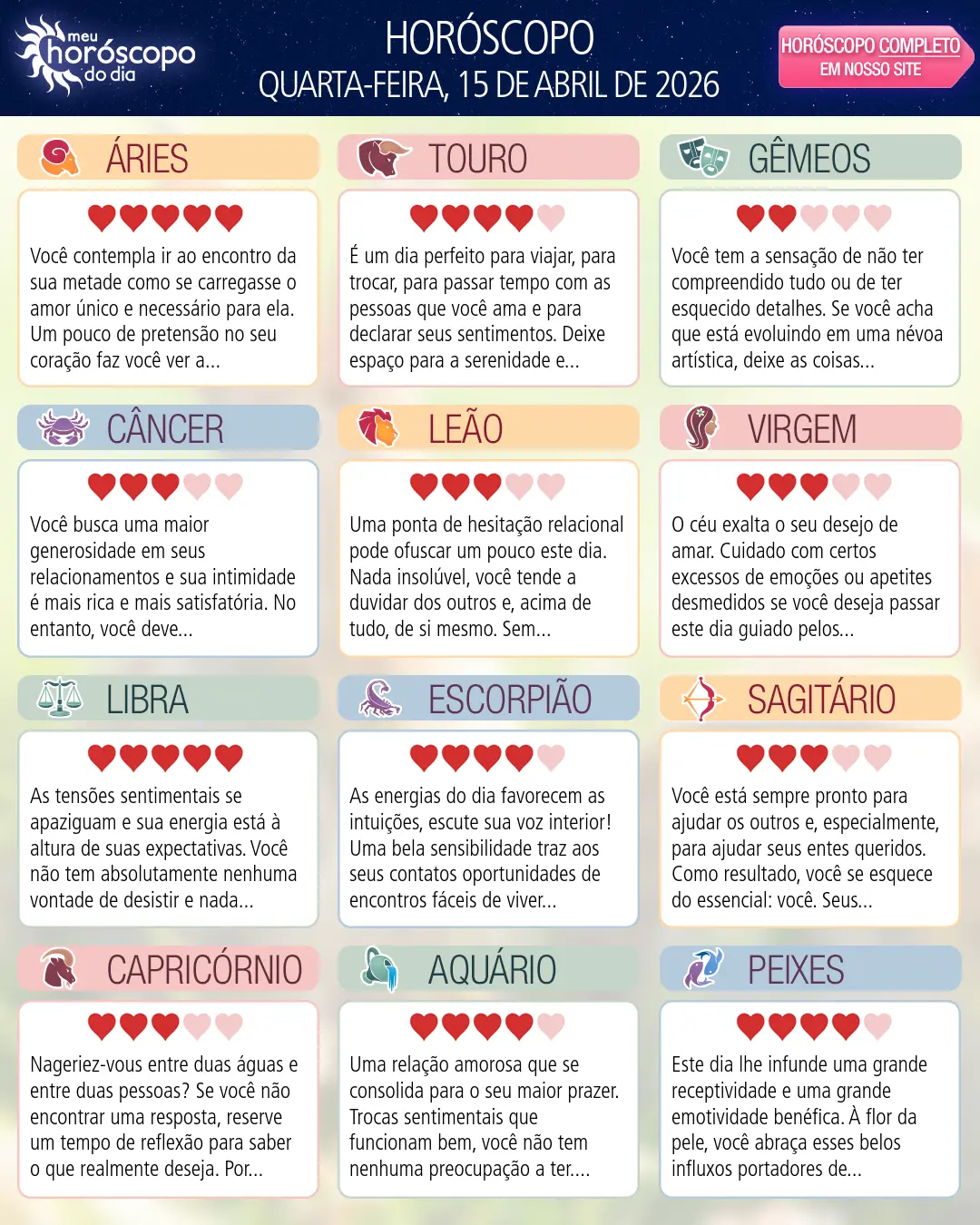 Horóscopo de Quarta-feira, 15 De Abril De 2026