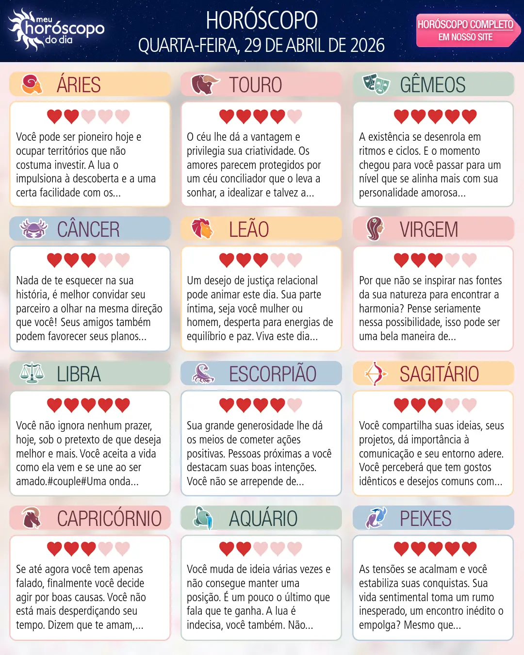 Horóscopo de Quarta-feira, 29 De Abril De 2026