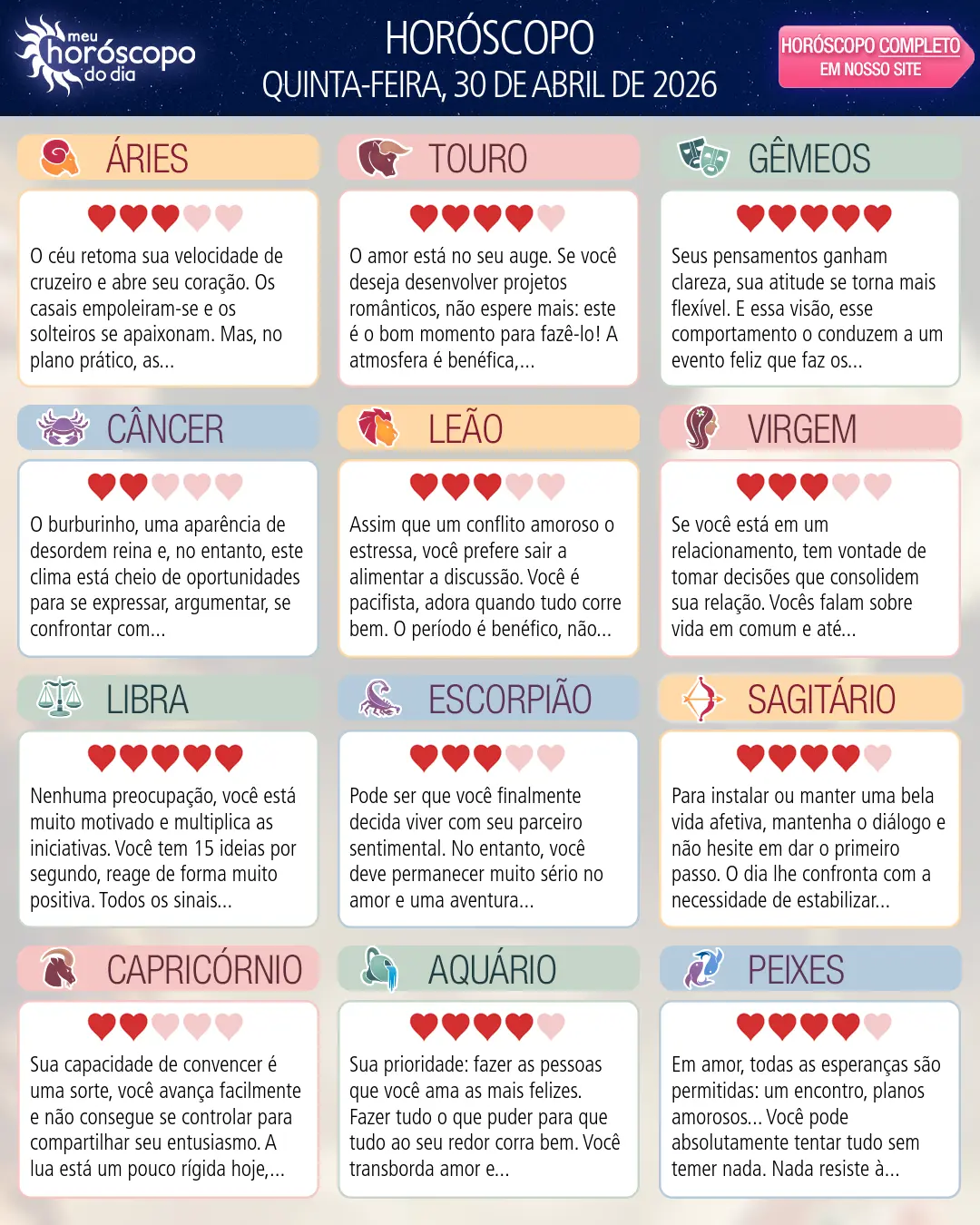 Horóscopo de Quinta-feira, 30 De Abril De 2026